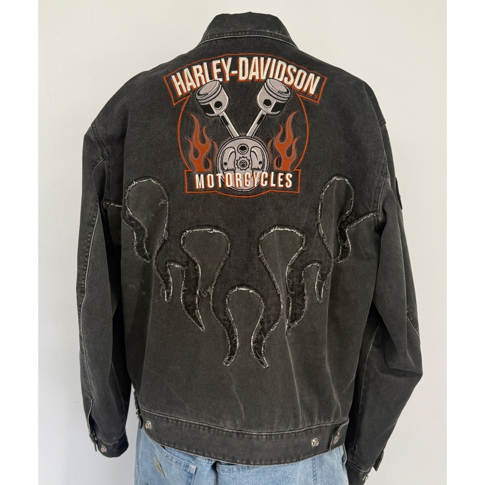 Harley-Davidson Mens Faded Black Canvas Flame Embroidered Biker Jacket Medium